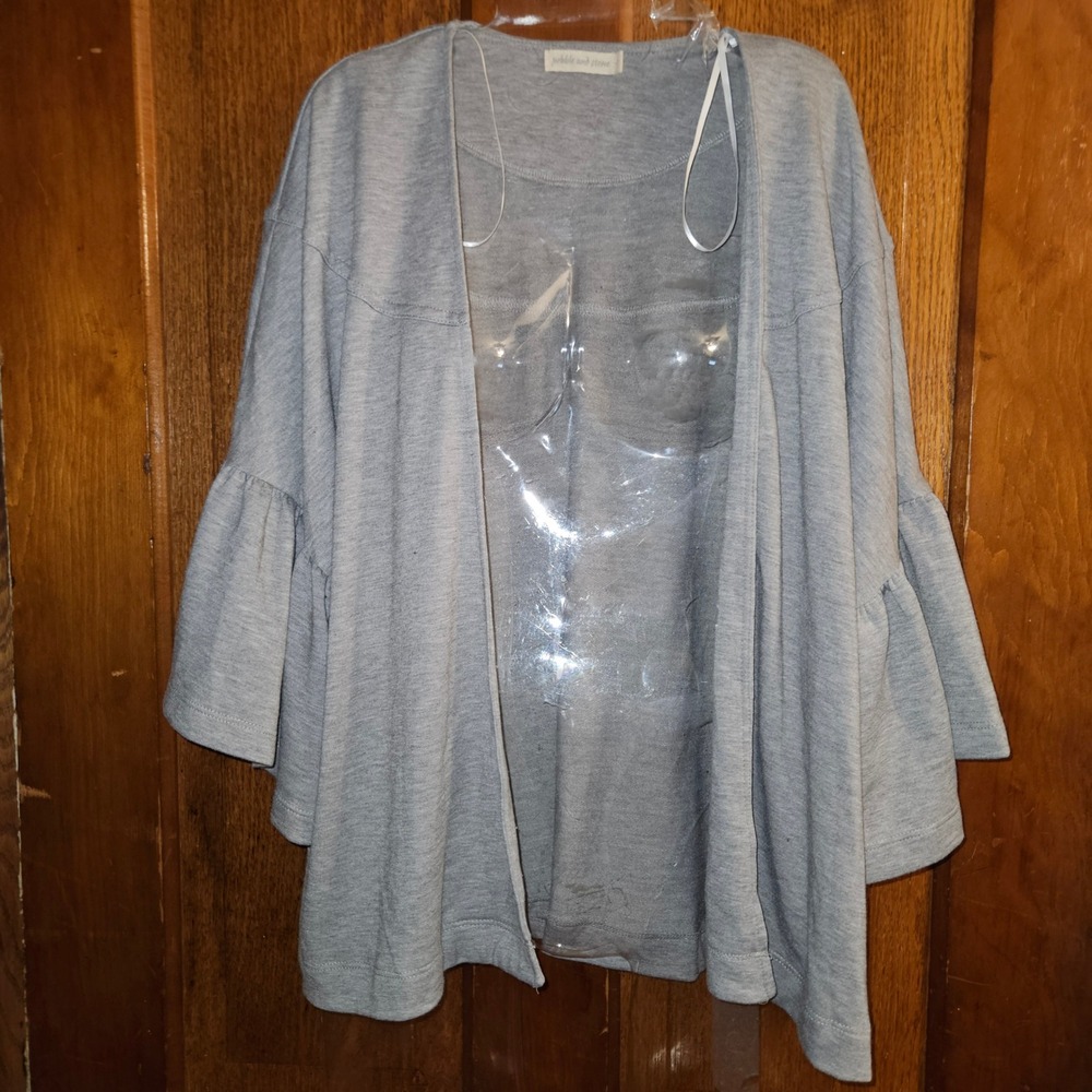 Pebble and Stone Cardigan Womens Small Gray Ruffle Bell Sleeve Open Front New